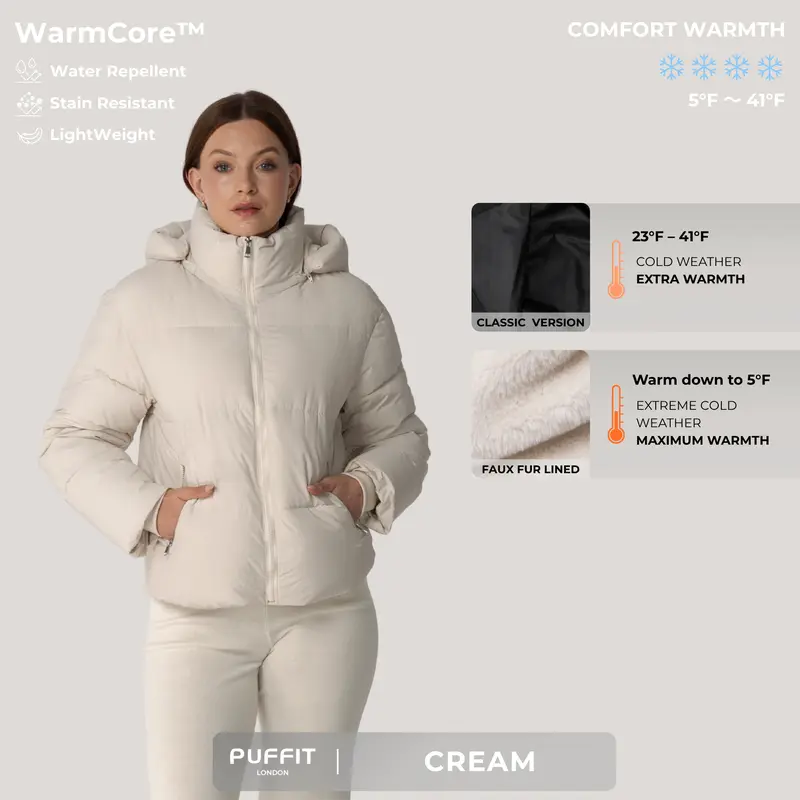 Women’s Short Puffer Jacket – Removable Hood, Faux Fur Lining Option, Zip Pockets, Warm Quilted Coat for Winter---Buy 2 Get 15% Off & Free Shipping!