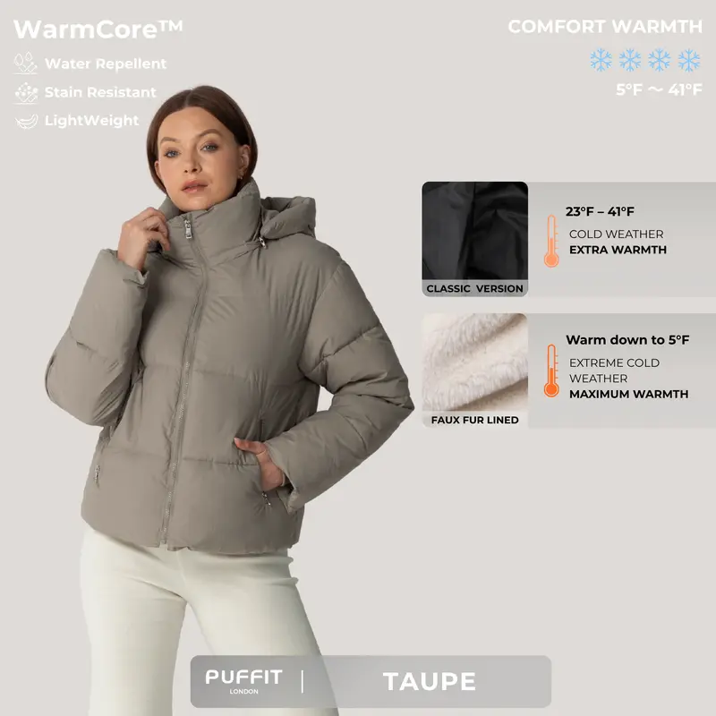 Women’s Short Puffer Jacket – Removable Hood, Faux Fur Lining Option, Zip Pockets, Warm Quilted Coat for Winter---Buy 2 Get 15% Off & Free Shipping!