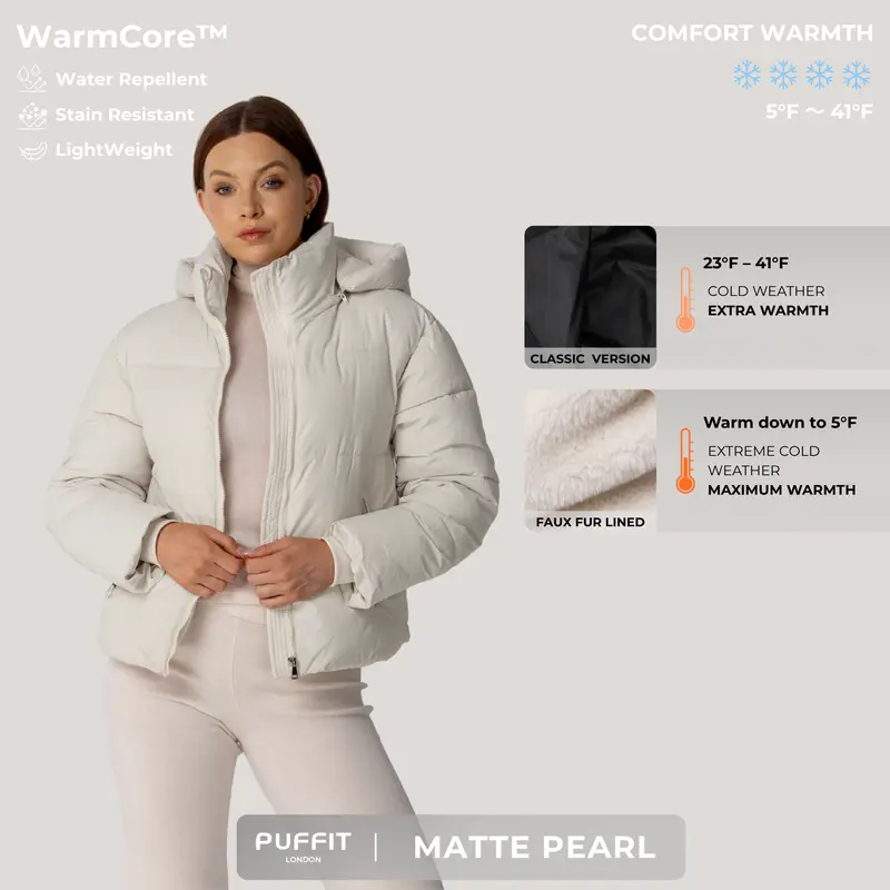 Women’s Short Puffer Jacket – Removable Hood, Faux Fur Lining Option, Zip Pockets, Warm Quilted Coat for Winter---Buy 2 Get 15% Off & Free Shipping!