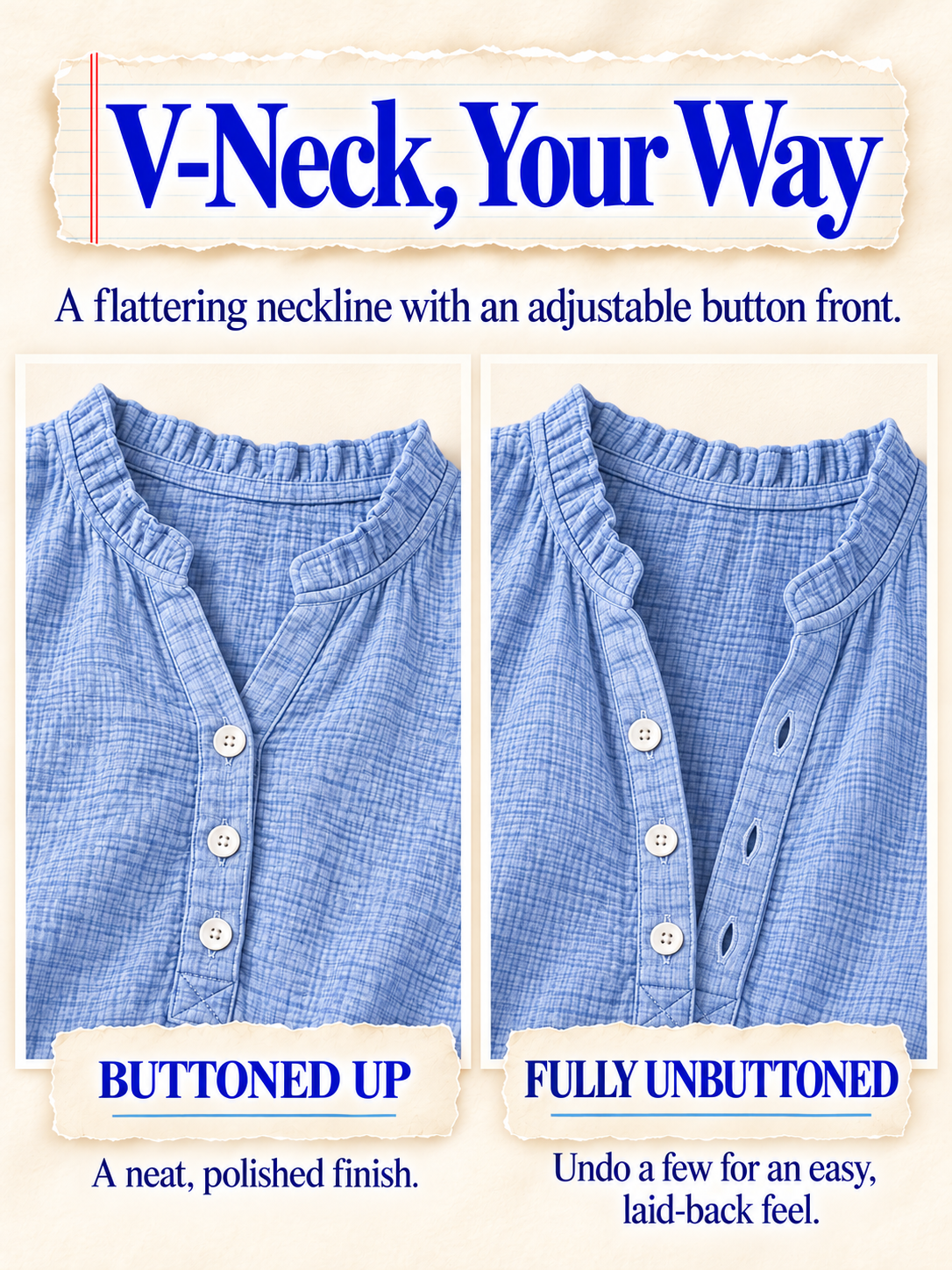 Women’s Oversized V-Neck Blouse – 100% Cotton, Button Front, Textured, Long Sleeve, Loose Fit for Spring/Autumn---Buy 2 Get 15% Off & Free Shipping!