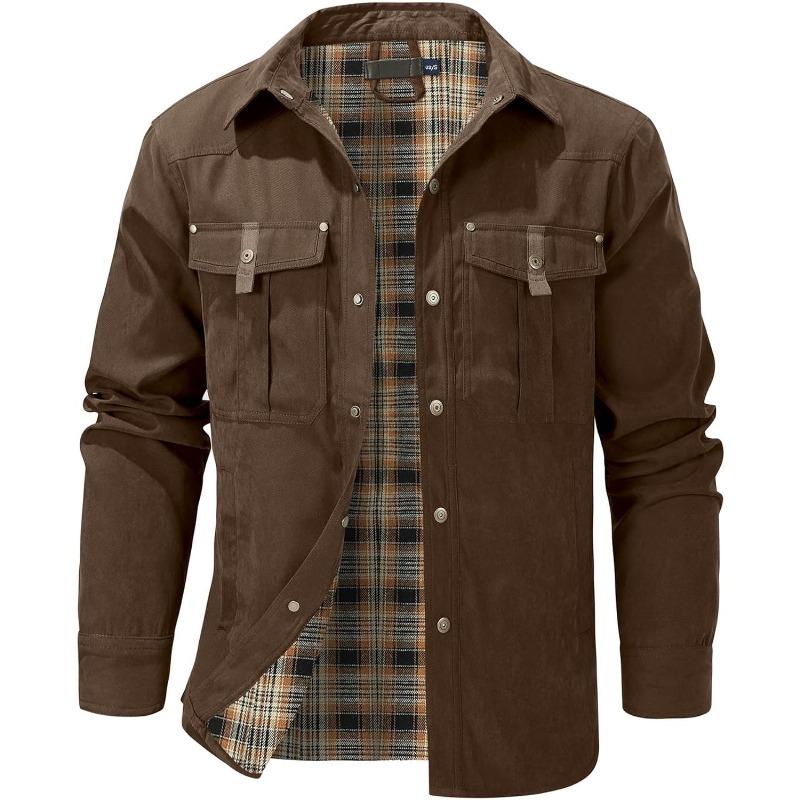 Men’s Flannel-Lined Shacket – Windproof Twill Shell, Snap Pockets, Vintage Cowboy Style, Plaid Lining, Turndown Collar for Outdoor & Casual---Buy 2 Get 15% Off & Free Shipping!