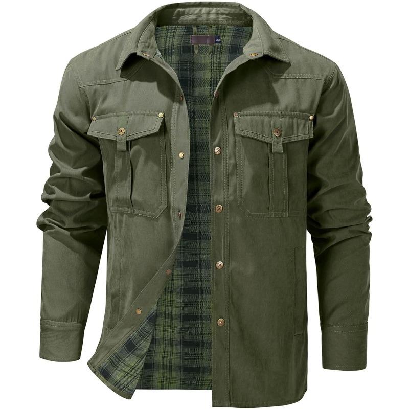 Men’s Flannel-Lined Shacket – Windproof Twill Shell, Snap Pockets, Vintage Cowboy Style, Plaid Lining, Turndown Collar for Outdoor & Casual---Buy 2 Get 15% Off & Free Shipping!