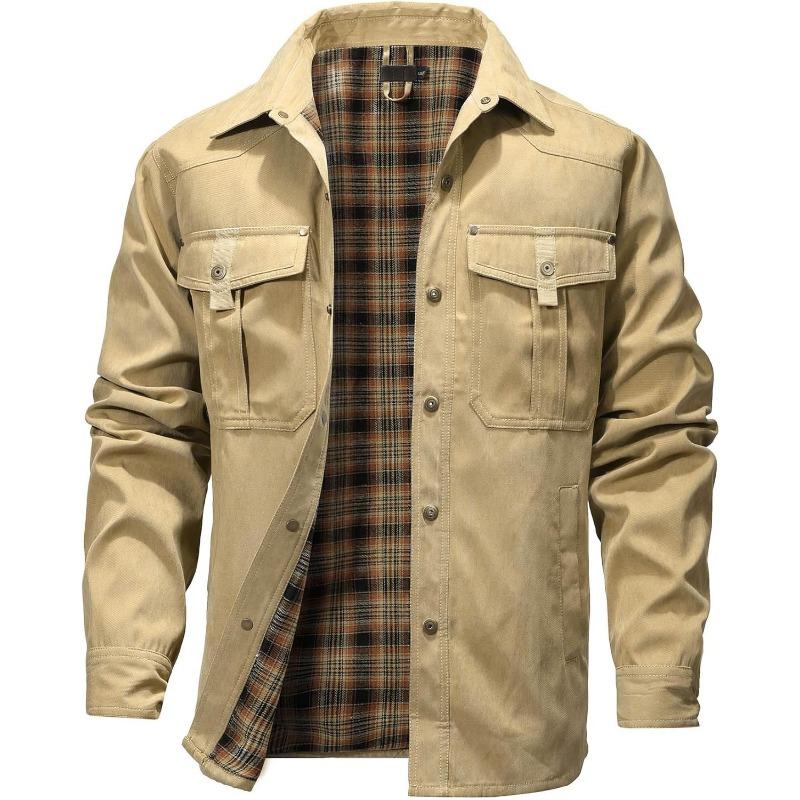 Men’s Flannel-Lined Shacket – Windproof Twill Shell, Snap Pockets, Vintage Cowboy Style, Plaid Lining, Turndown Collar for Outdoor & Casual---Buy 2 Get 15% Off & Free Shipping!