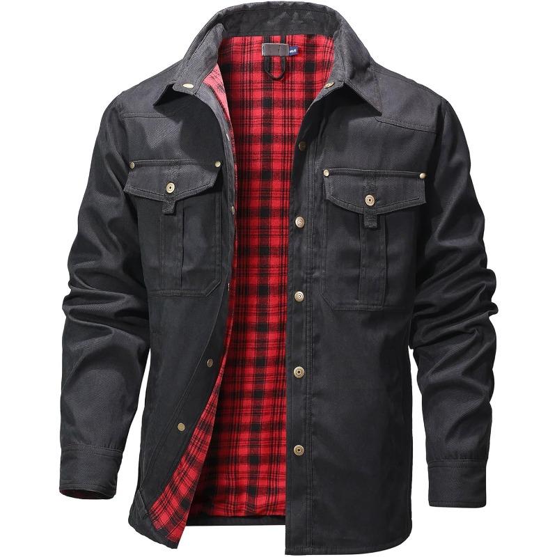Men’s Flannel-Lined Shacket – Windproof Twill Shell, Snap Pockets, Vintage Cowboy Style, Plaid Lining, Turndown Collar for Outdoor & Casual---Buy 2 Get 15% Off & Free Shipping!