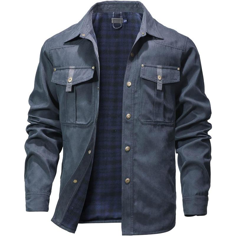 Men’s Flannel-Lined Shacket – Windproof Twill Shell, Snap Pockets, Vintage Cowboy Style, Plaid Lining, Turndown Collar for Outdoor & Casual---Buy 2 Get 15% Off & Free Shipping!