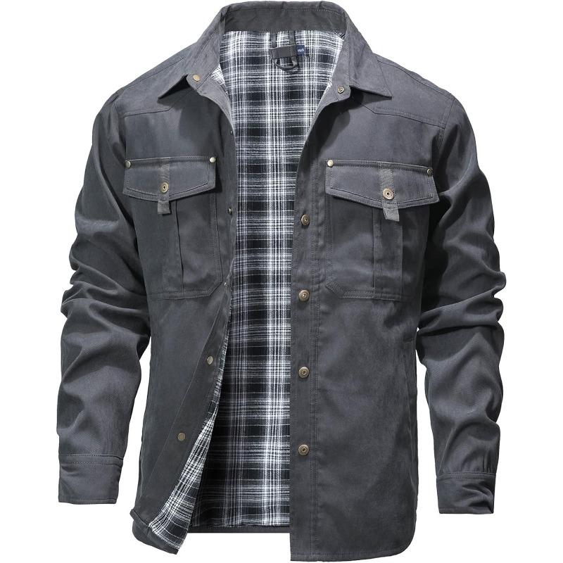 Men’s Flannel-Lined Shacket – Windproof Twill Shell, Snap Pockets, Vintage Cowboy Style, Plaid Lining, Turndown Collar for Outdoor & Casual---Buy 2 Get 15% Off & Free Shipping!