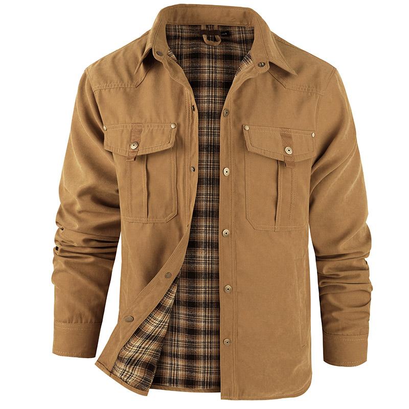 Men’s Flannel-Lined Shacket – Windproof Twill Shell, Snap Pockets, Vintage Cowboy Style, Plaid Lining, Turndown Collar for Outdoor & Casual---Buy 2 Get 15% Off & Free Shipping!