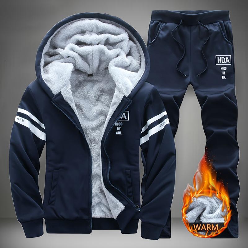 Men’s Winter Fleece-Lined Hooded Tracksuit – Thick Warm Zip-Up Sweatshirt & Joggers Set Long Sleeve, Hooded  for Outdoor & Casual---Buy 2 Get 15% Off & Free Shipping!
