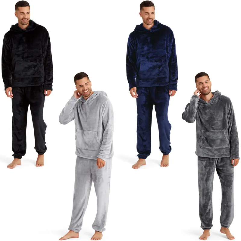 Men’s Soft Fleece Hooded Pyjama Set – Kangaroo Pocket, Elastic Waist, Cuffed Bottoms, Warm Loungewear for Winter---Buy 2 Get 15% Off & Free Shipping!