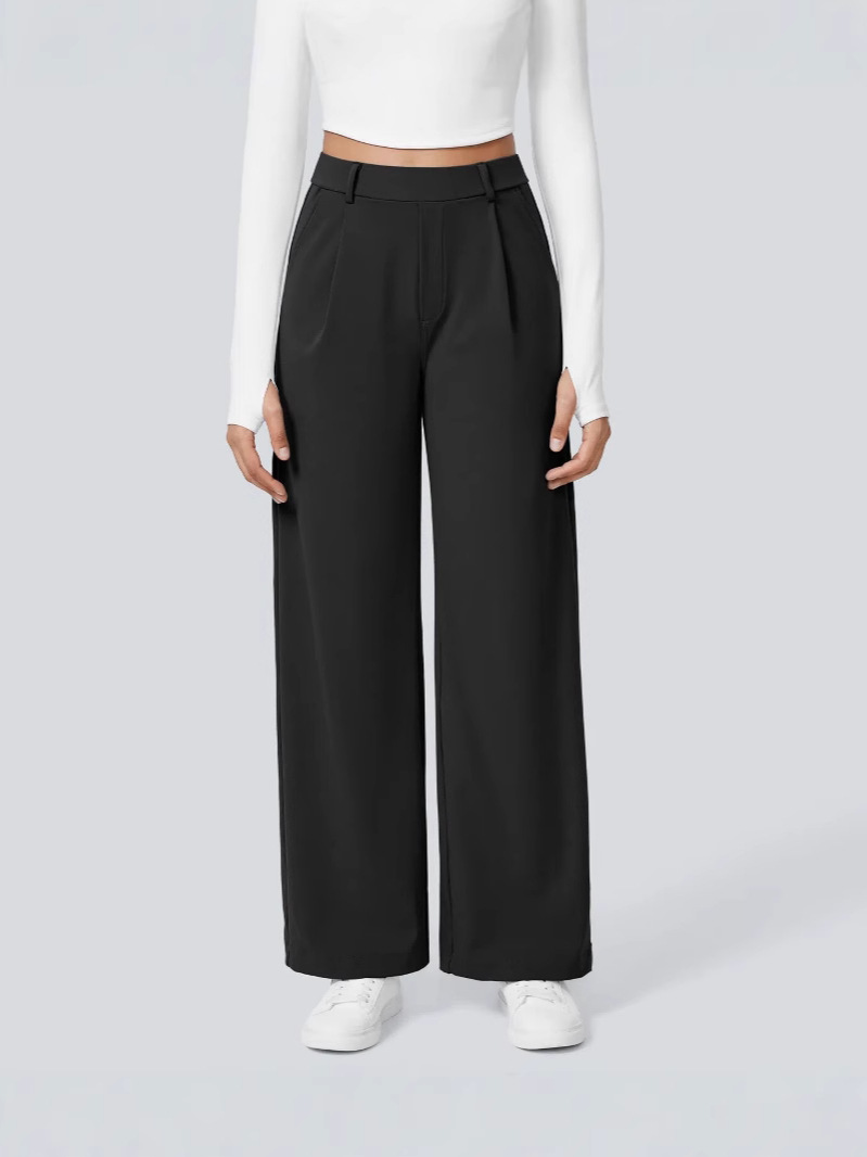 Damen High-Waist Hose mit Bundfalten und Seitentaschen – Gerades Bein, Business-Stoffhose für Arbeit & Alltag