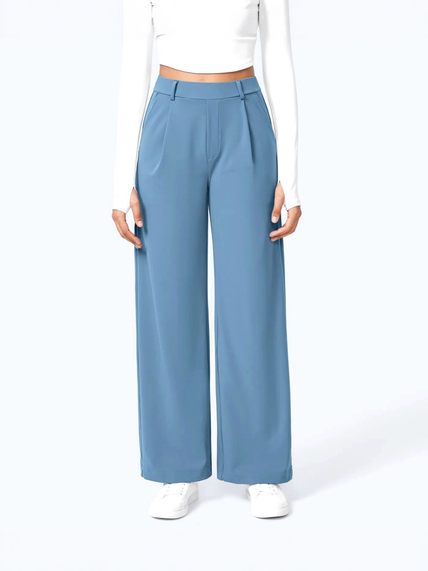 Damen High-Waist Hose mit Bundfalten und Seitentaschen – Gerades Bein, Business-Stoffhose für Arbeit & Alltag