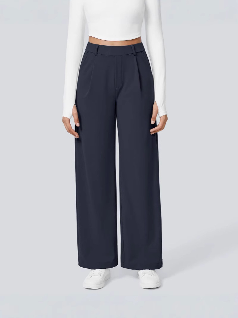 Damen High-Waist Hose mit Bundfalten und Seitentaschen – Gerades Bein, Business-Stoffhose für Arbeit & Alltag