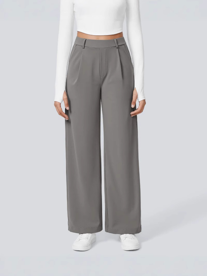 Damen High-Waist Hose mit Bundfalten und Seitentaschen – Gerades Bein, Business-Stoffhose für Arbeit & Alltag