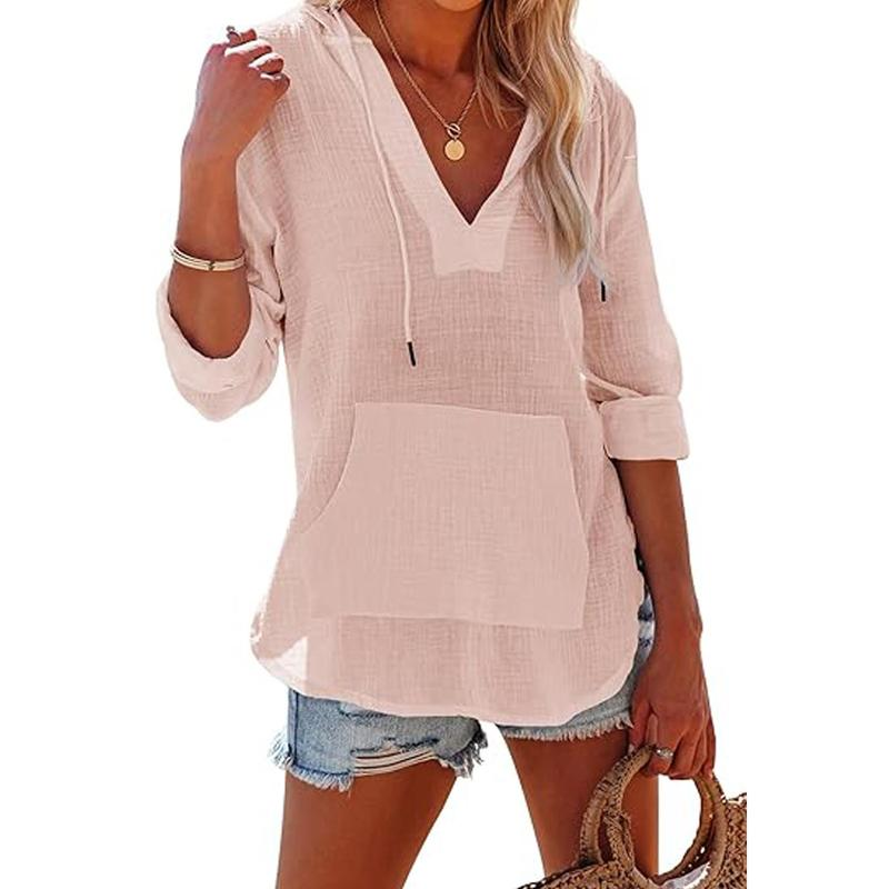 Imily Bela Women's Beach Cover Up hoodies sweatshirt Long Sleeve V Neck Pocketed Hooded Shirt Top
