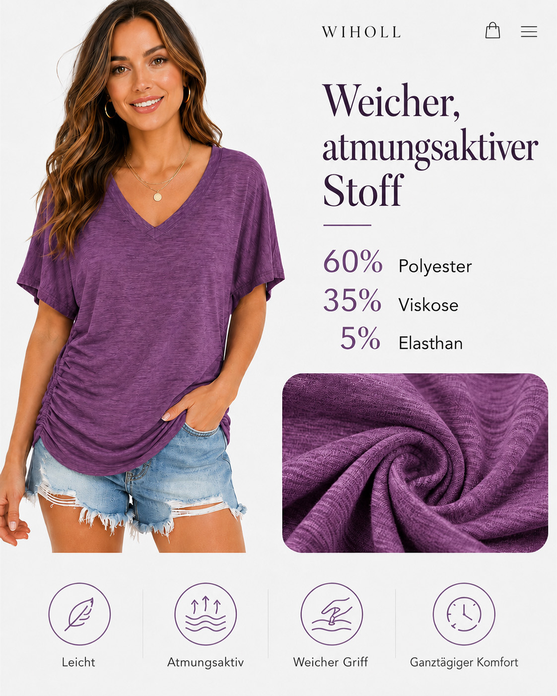 WIHOLL Womens V Neck Dolman Tops with Side Shirring