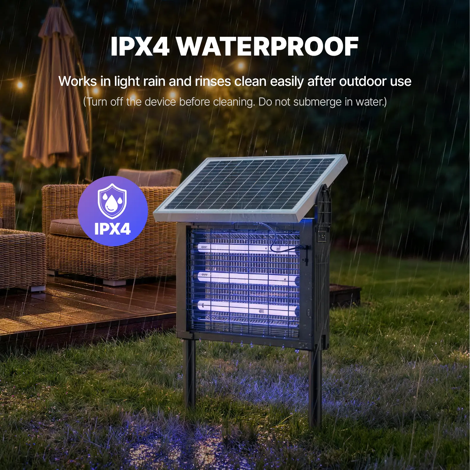 Solar-Insektenvernichter mit UV-Licht & 3.500V Hochspannungsgitter – IPX4 wasserdicht, USB & Solar