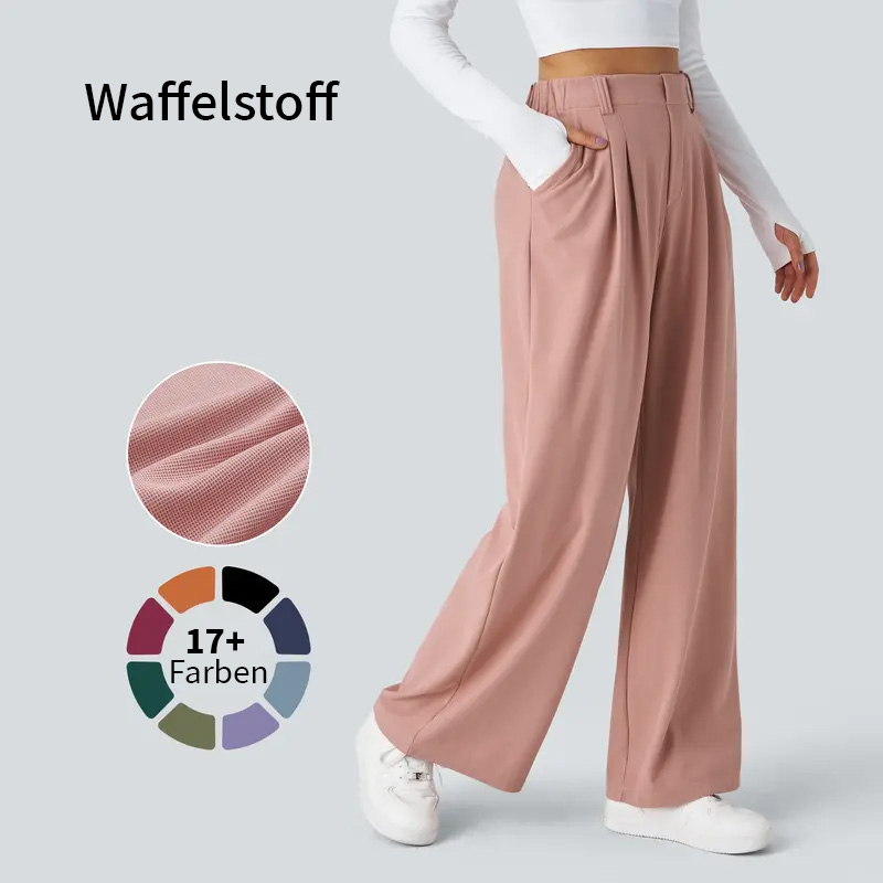 Damen High-Waist Hose mit Seitentaschen – Weites Bein, Waffelstruktur, für Arbeit & Alltag – Plus Size