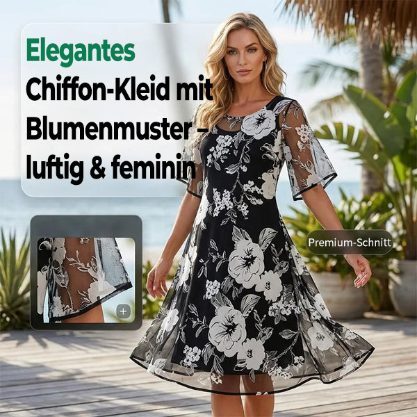 🌸 JETZT 50 % RABATT! ✨ Damen A-Linien-Partykleid mit Blumenprint – Doppellagiger Chiffon, elegantes Muster & knielange Passform 👗