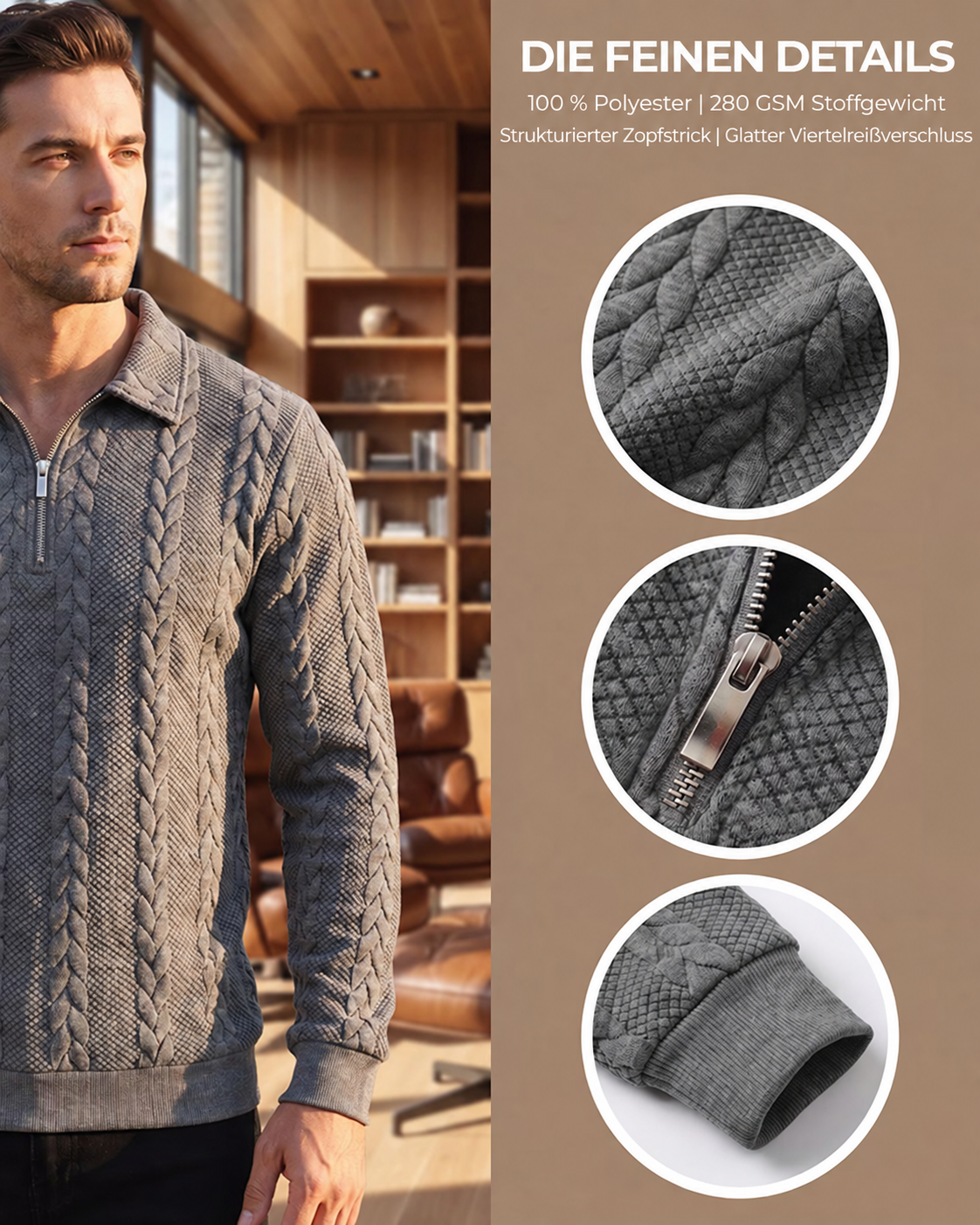 Herren Gestrickter Half-Zip-Pullover – Zopfmuster, tailliert, schlicht, zeitlos-elegant für Herbst & Winter --- Kaufen Sie 2 und sichern Sie sich 15% Rabatt & kostenfreien Versand!