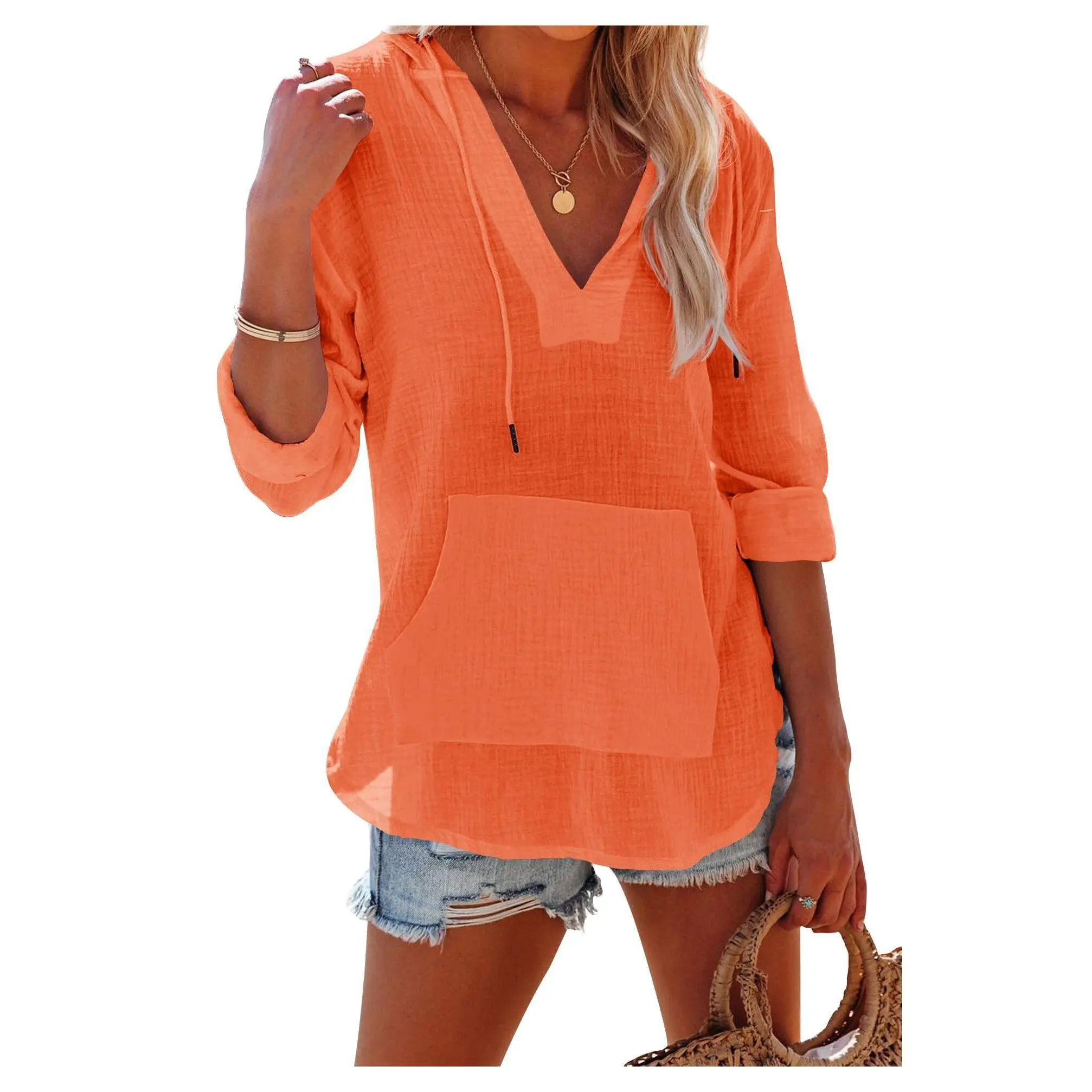 Imily Bela Women's Beach Cover Up hoodies sweatshirt Long Sleeve V Neck Pocketed Hooded Shirt Top