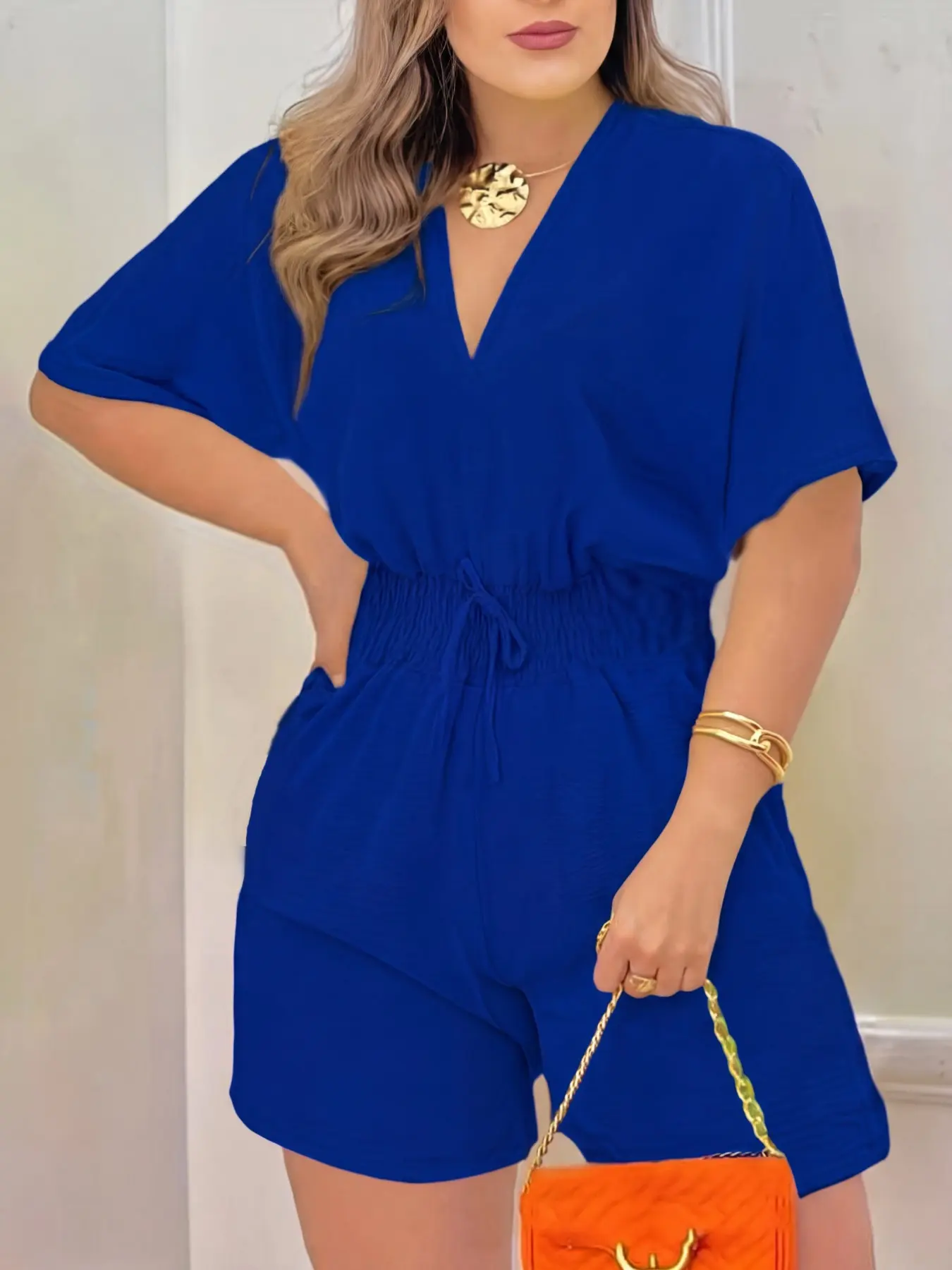Damen V-Ausschnitt Romper mit Kordelzug in der Taille – Sommer-Mode