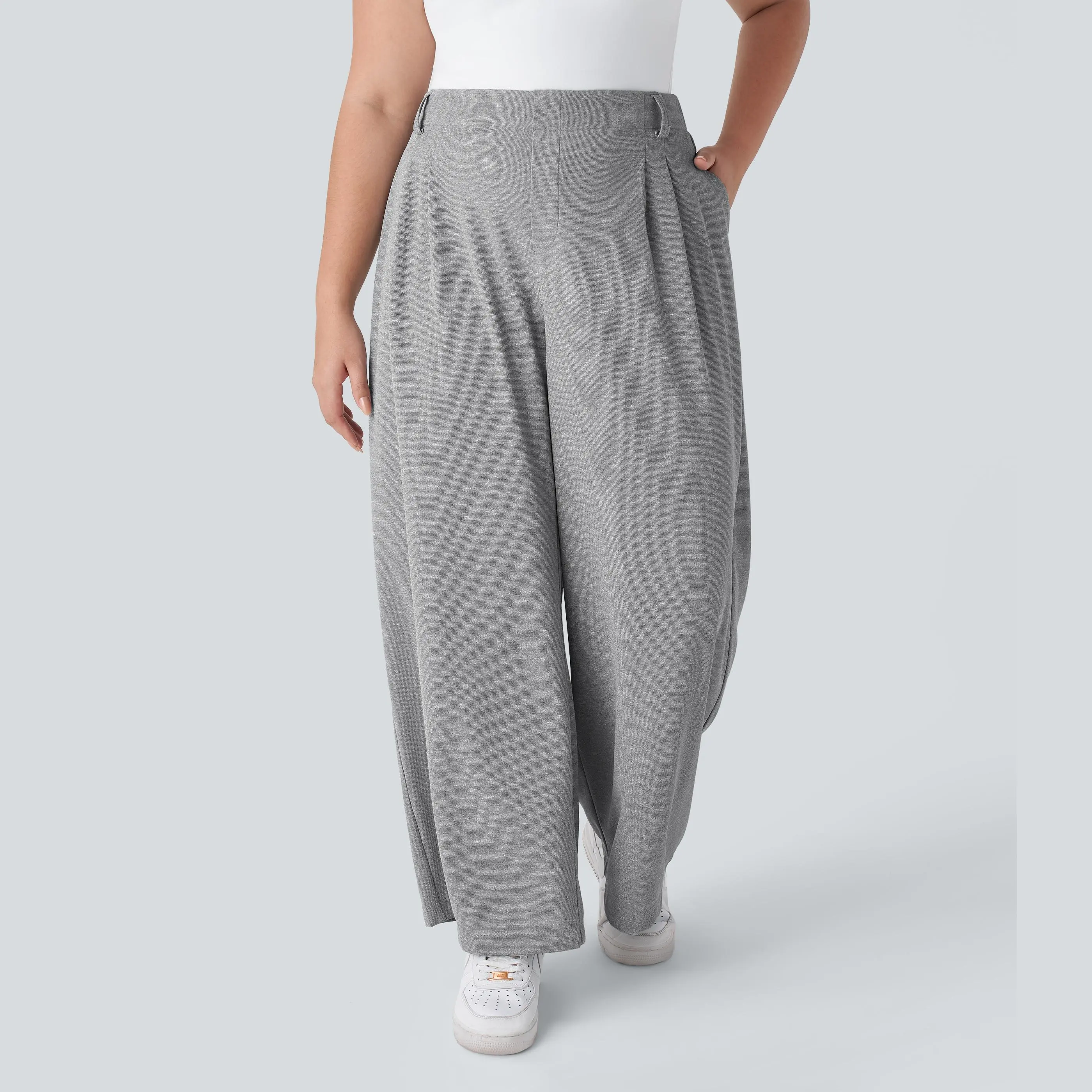 Damen High-Waist Hose mit Seitentaschen – Weites Bein, Waffelstruktur, für Arbeit & Alltag – Plus Size
