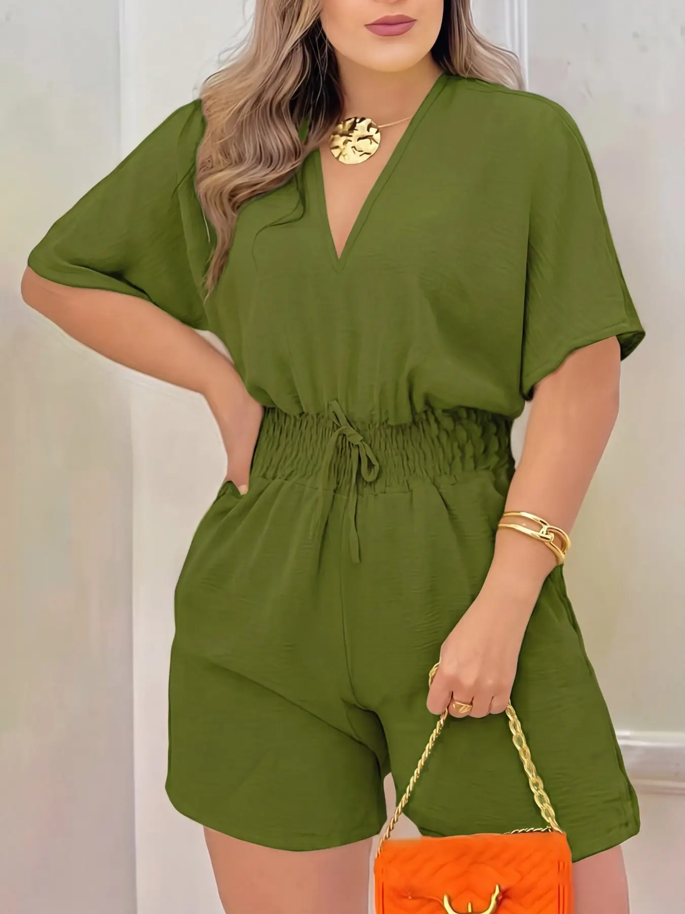 Damen V-Ausschnitt Romper mit Kordelzug in der Taille – Sommer-Mode