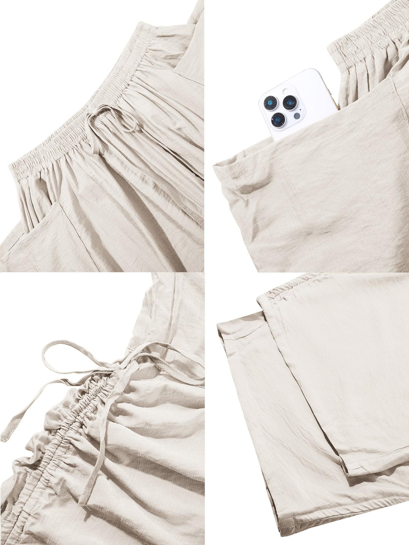 Aliling Women's Summer Casual Basic Solid Color High-Waisted Wide-Leg Bottom Pants, Adjustable Drawstring Side Regular Fit Pants for All Seasons