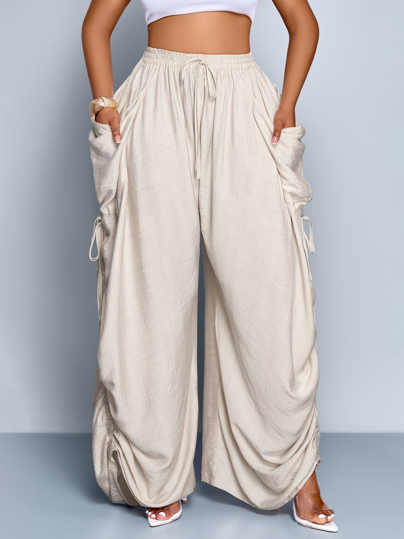 Aliling Women's Summer Casual Basic Solid Color High-Waisted Wide-Leg Bottom Pants, Adjustable Drawstring Side Regular Fit Pants for All Seasons