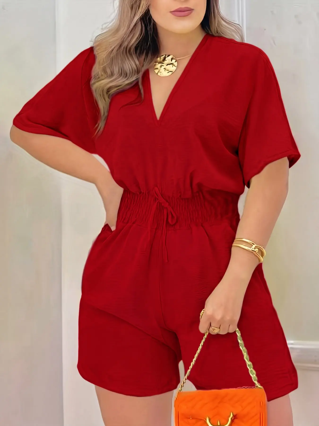 Damen V-Ausschnitt Romper mit Kordelzug in der Taille – Sommer-Mode