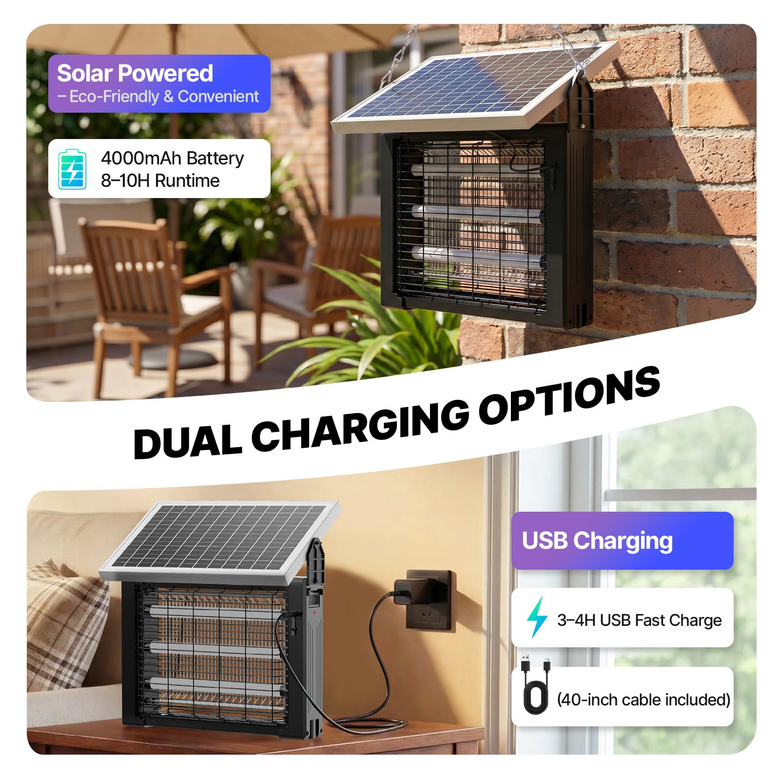 【Clearance Sale】OGERY 3500V Solar Bug Zapper, High Power Cordless Mosquito Zapper with Smart Light Sensor, Dual Solar & USB Rechargeable Insect Killer for Patio, Garden, Backyard, Outdoor Use