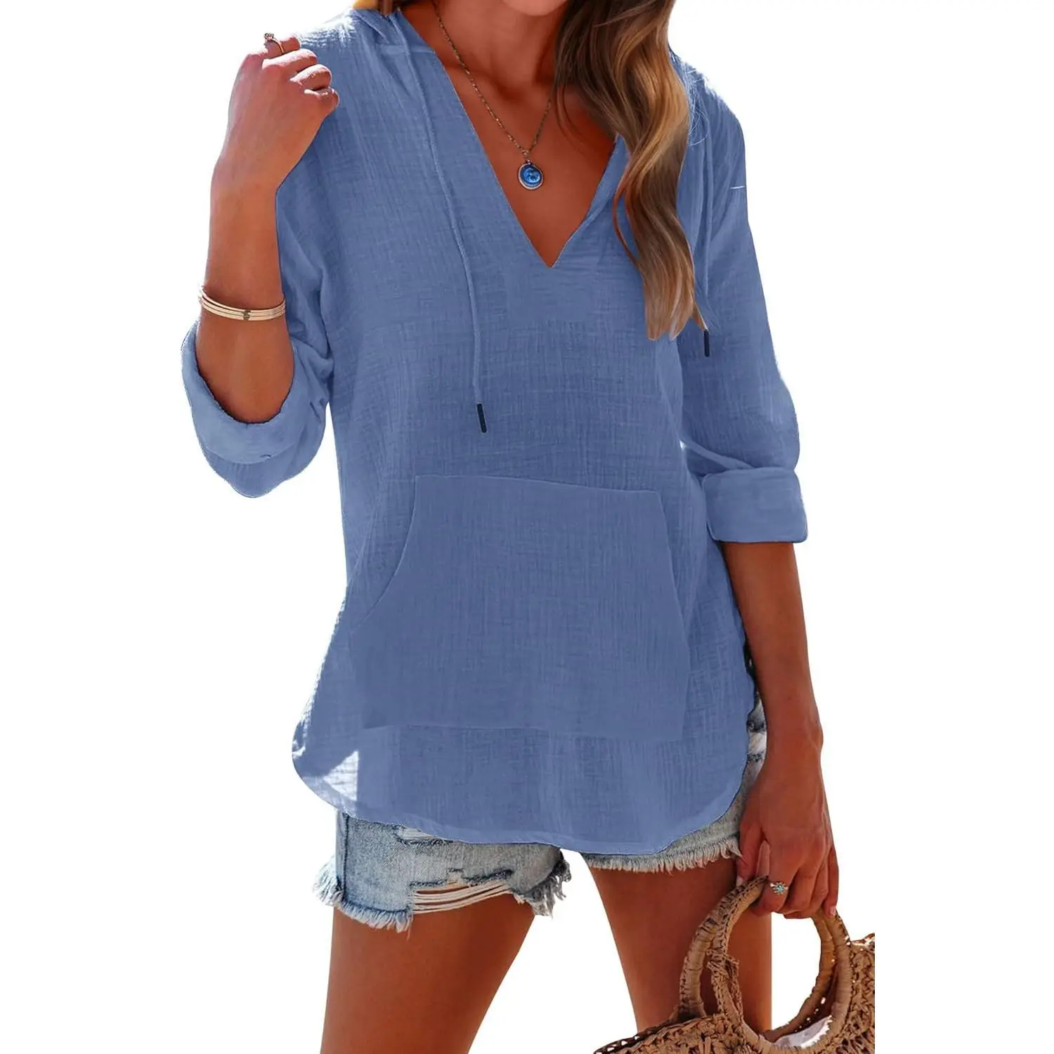 Imily Bela Women's Beach Cover Up hoodies sweatshirt Long Sleeve V Neck Pocketed Hooded Shirt Top