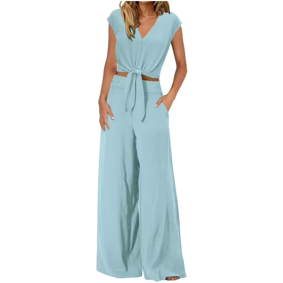 👗 Damen V-Ausschnitt Top mit Knoten vorne & weite Leinenhose im Set – atmungsaktiv, schmeichelhafte Passform & vielseitiger Stil ✨