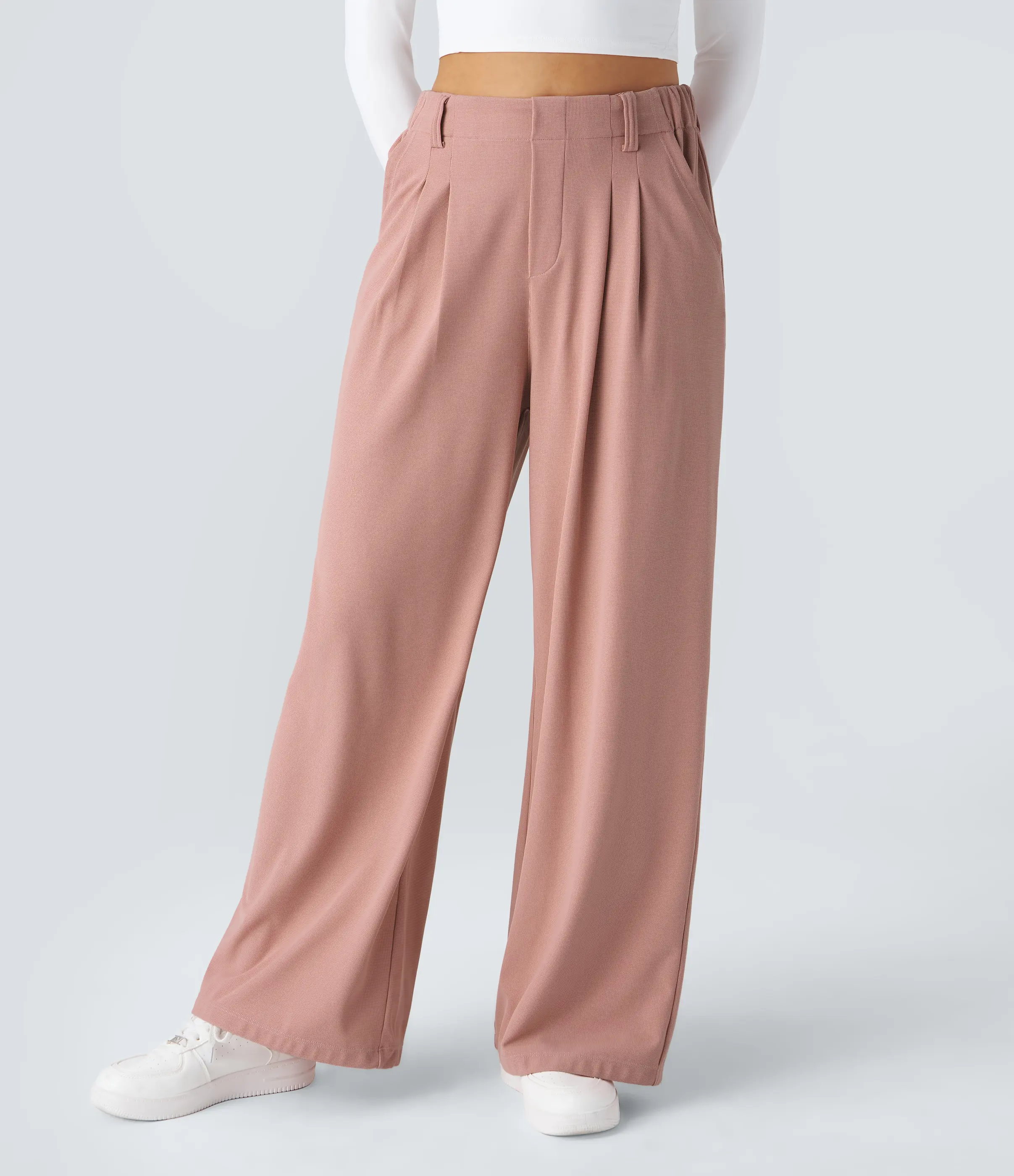 Damen High-Waist Hose mit Seitentaschen – Weites Bein, Waffelstruktur, für Arbeit & Alltag – Plus Size
