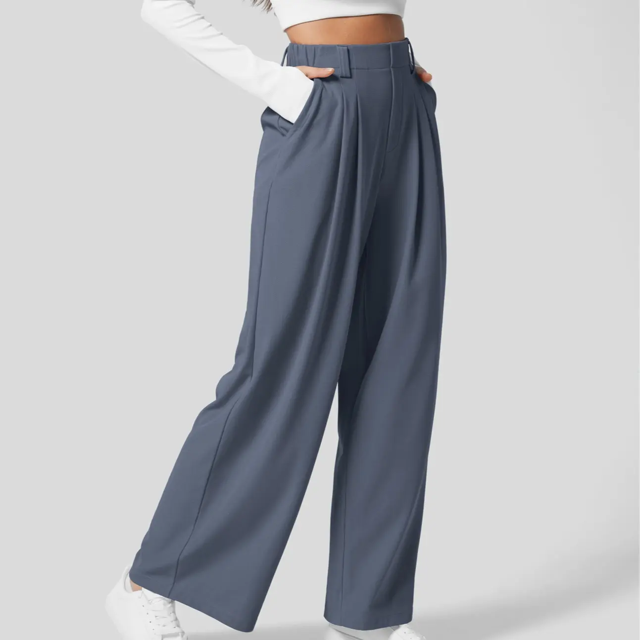 Damen High-Waist Hose mit Seitentaschen – Weites Bein, Waffelstruktur, für Arbeit & Alltag – Plus Size