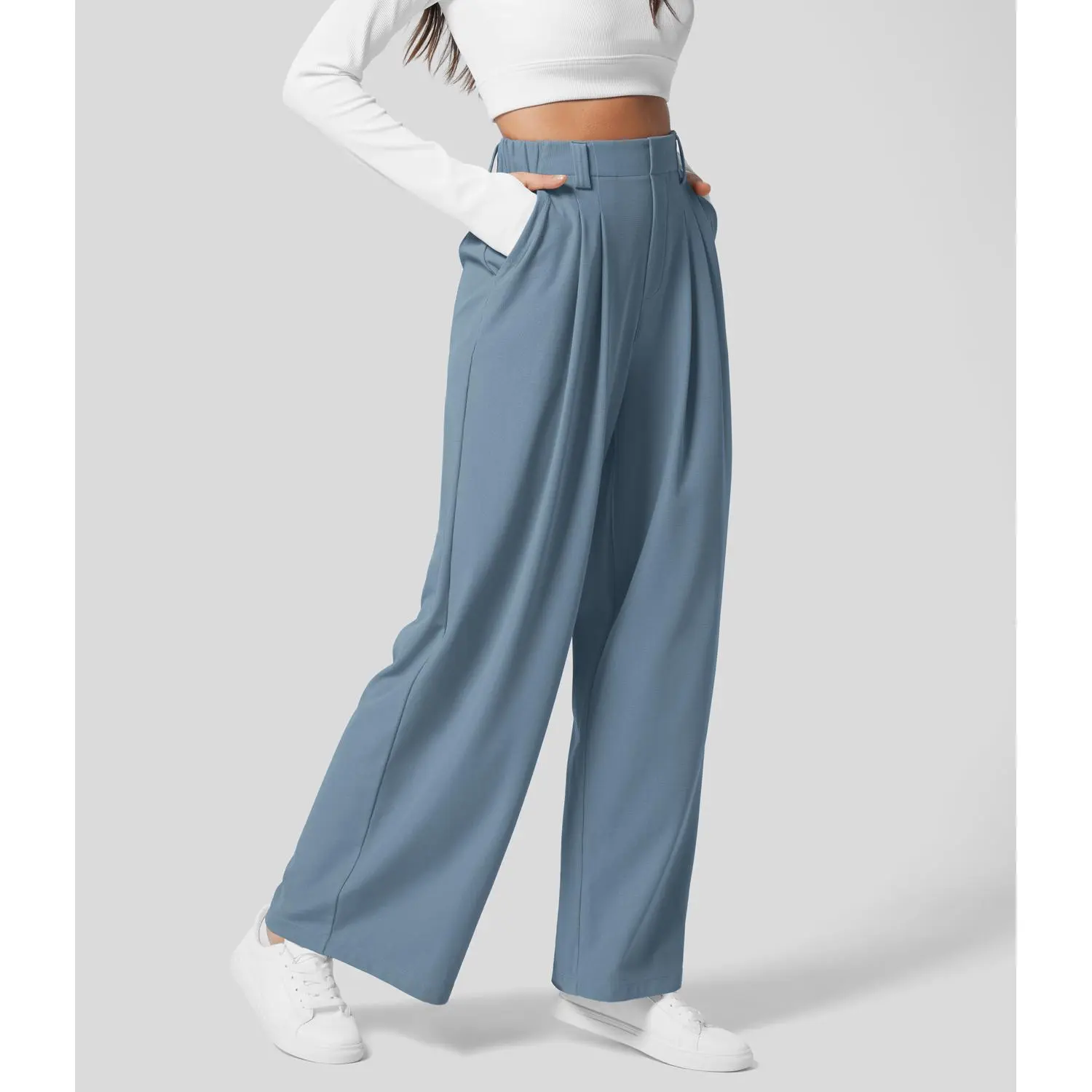 Damen High-Waist Hose mit Seitentaschen – Weites Bein, Waffelstruktur, für Arbeit & Alltag – Plus Size