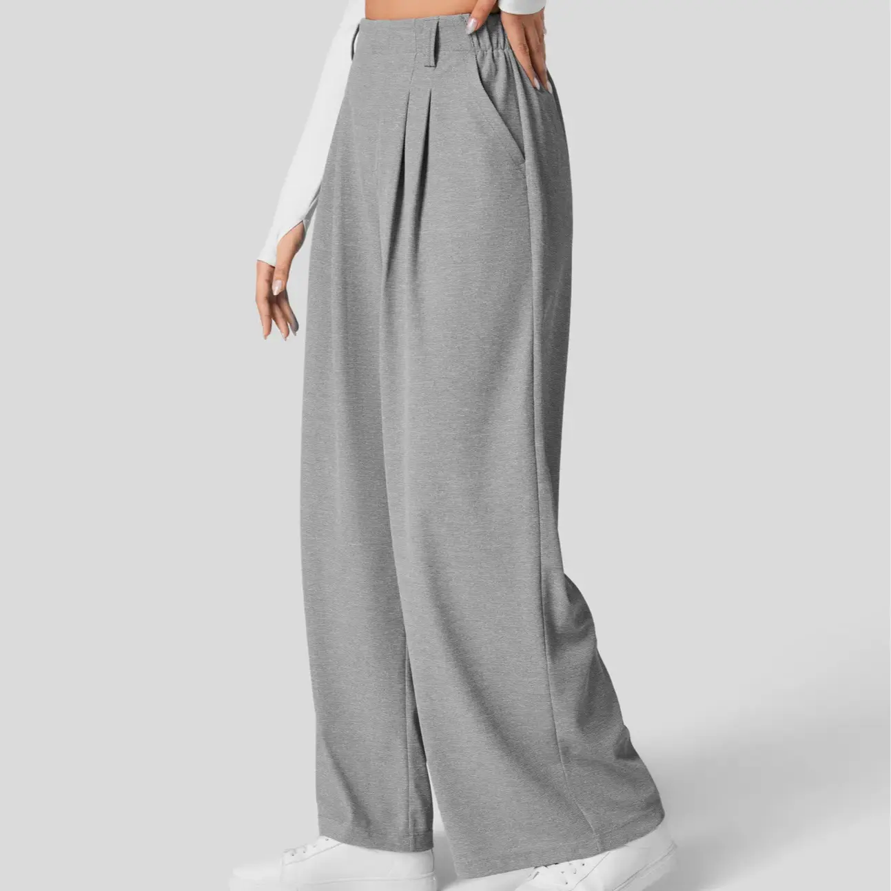 Damen High-Waist Hose mit Seitentaschen – Weites Bein, Waffelstruktur, für Arbeit & Alltag – Plus Size