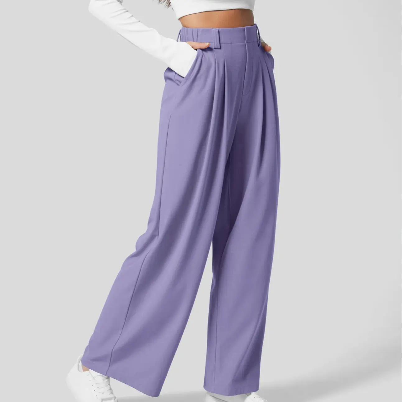 Damen High-Waist Hose mit Seitentaschen – Weites Bein, Waffelstruktur, für Arbeit & Alltag – Plus Size