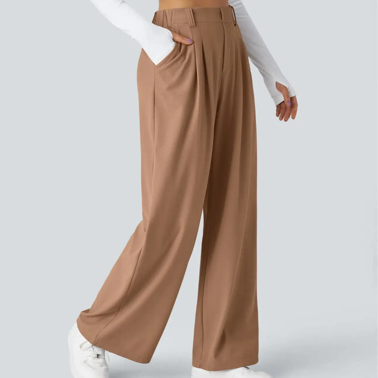 Damen High-Waist Hose mit Seitentaschen – Weites Bein, Waffelstruktur, für Arbeit & Alltag – Plus Size