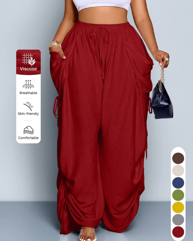 Hochtaillierte Damenhose mit Kordelzug, weites Bein, einfarbig – für Alltag & Sommer