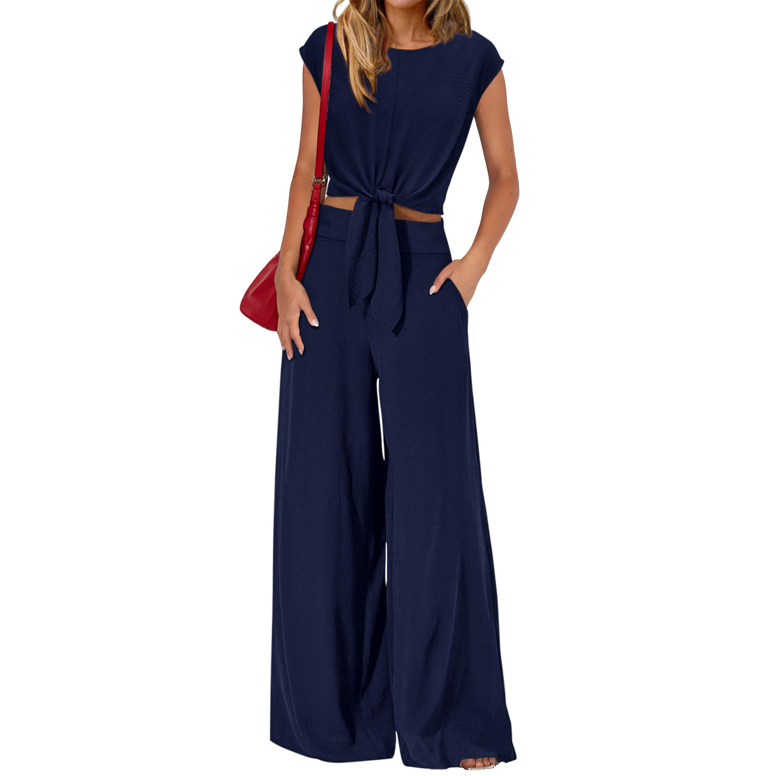 👗 Damen V-Ausschnitt Top mit Knoten vorne & weite Leinenhose im Set – atmungsaktiv, schmeichelhafte Passform & vielseitiger Stil ✨