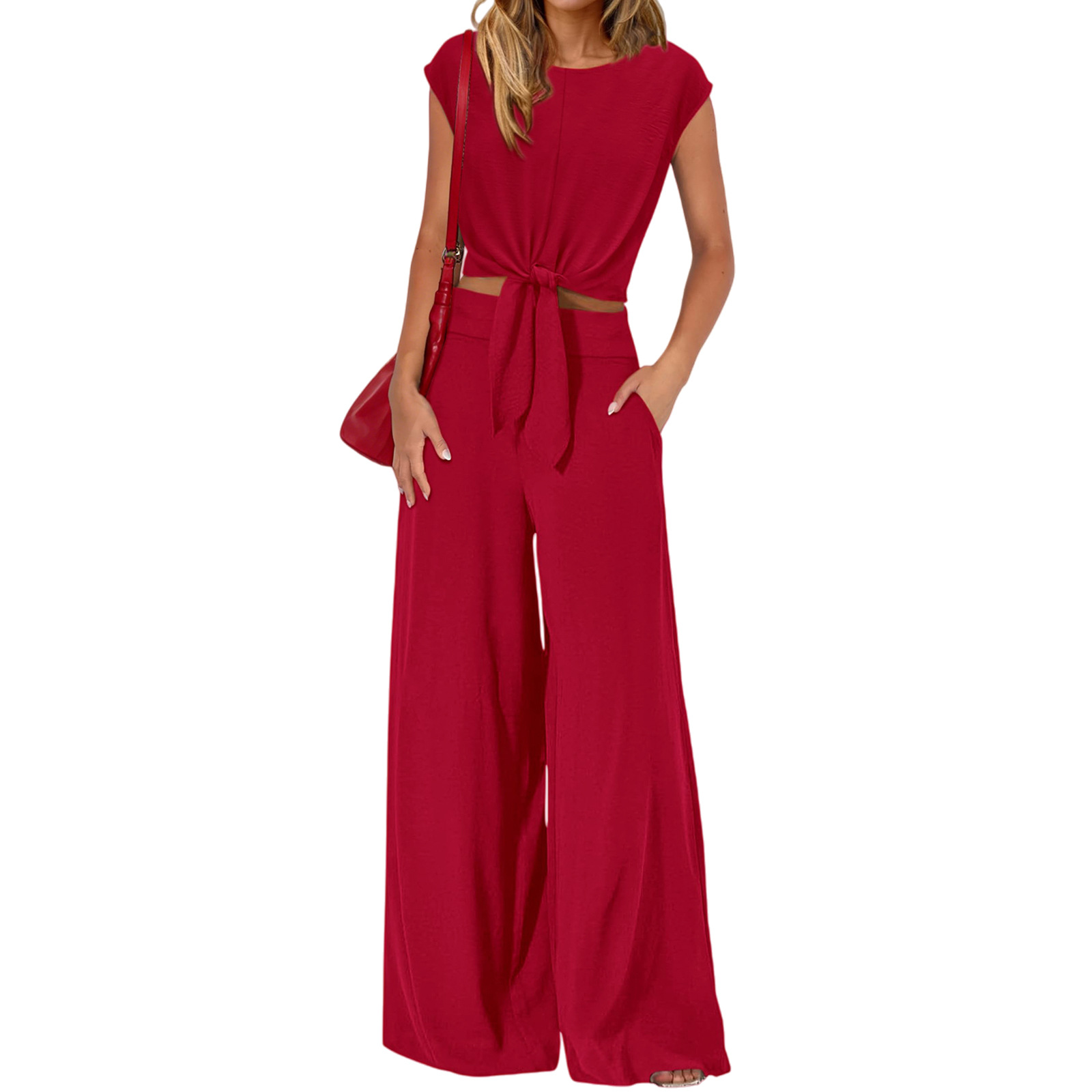 👗 Damen V-Ausschnitt Top mit Knoten vorne & weite Leinenhose im Set – atmungsaktiv, schmeichelhafte Passform & vielseitiger Stil ✨