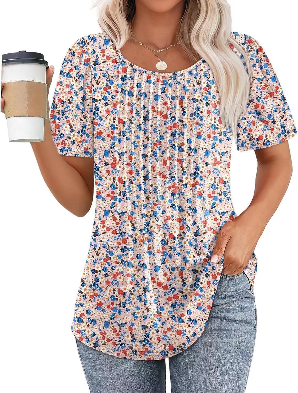 ZEAGOO Women's Floral Pleated Short Sleeve Blouse