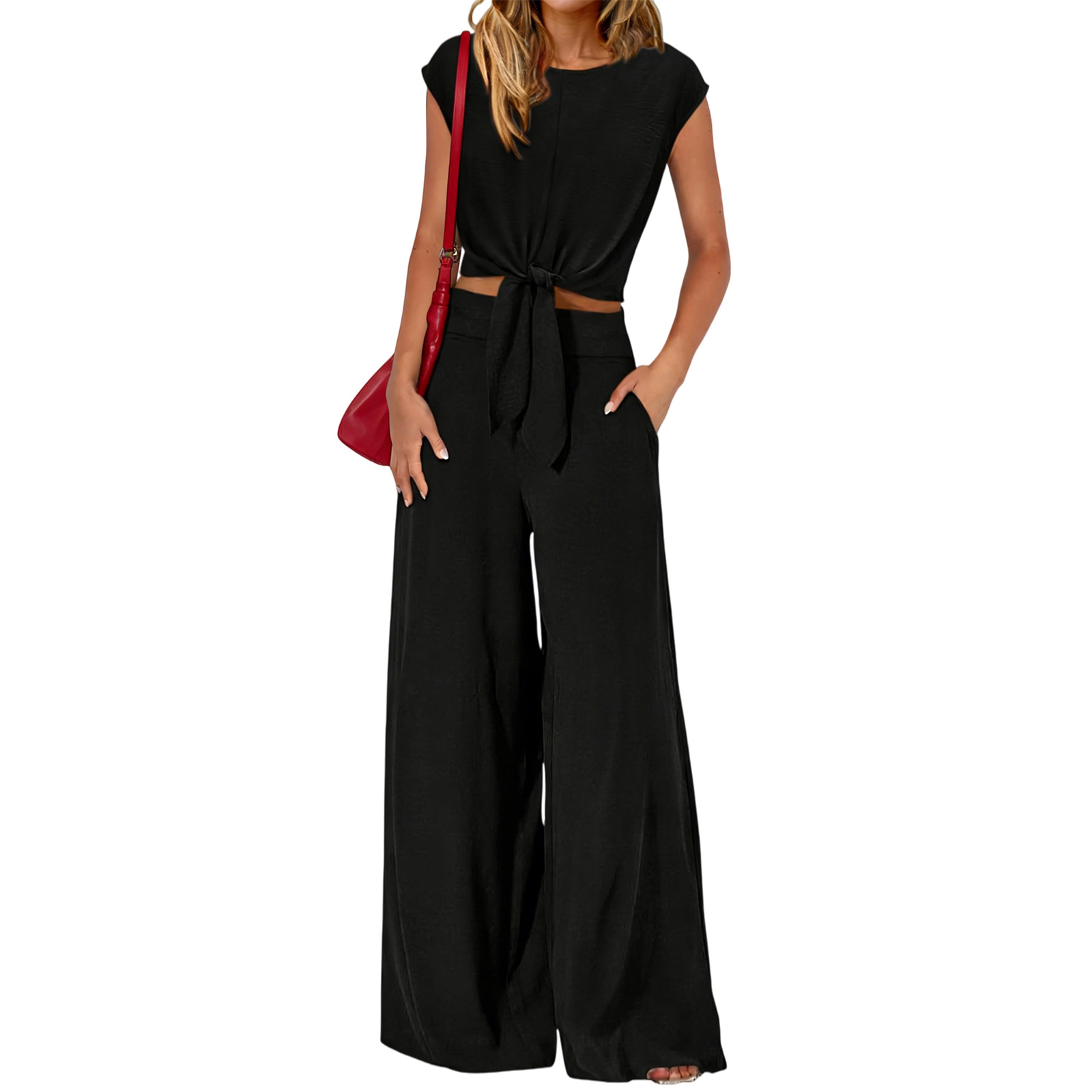 👗 Damen V-Ausschnitt Top mit Knoten vorne & weite Leinenhose im Set – atmungsaktiv, schmeichelhafte Passform & vielseitiger Stil ✨