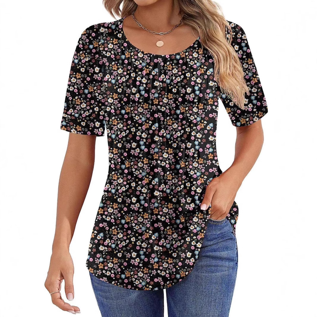 ZEAGOO Women's Floral Pleated Short Sleeve Blouse
