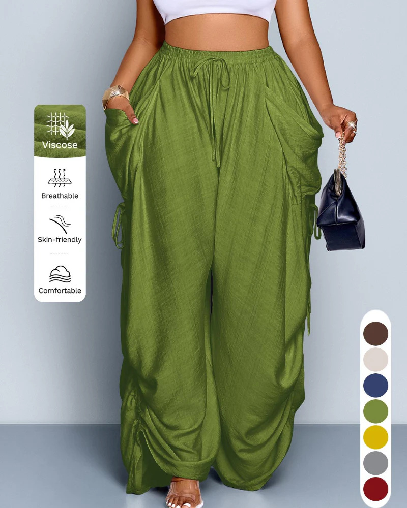 Hochtaillierte Damenhose mit Kordelzug, weites Bein, einfarbig – für Alltag & Sommer