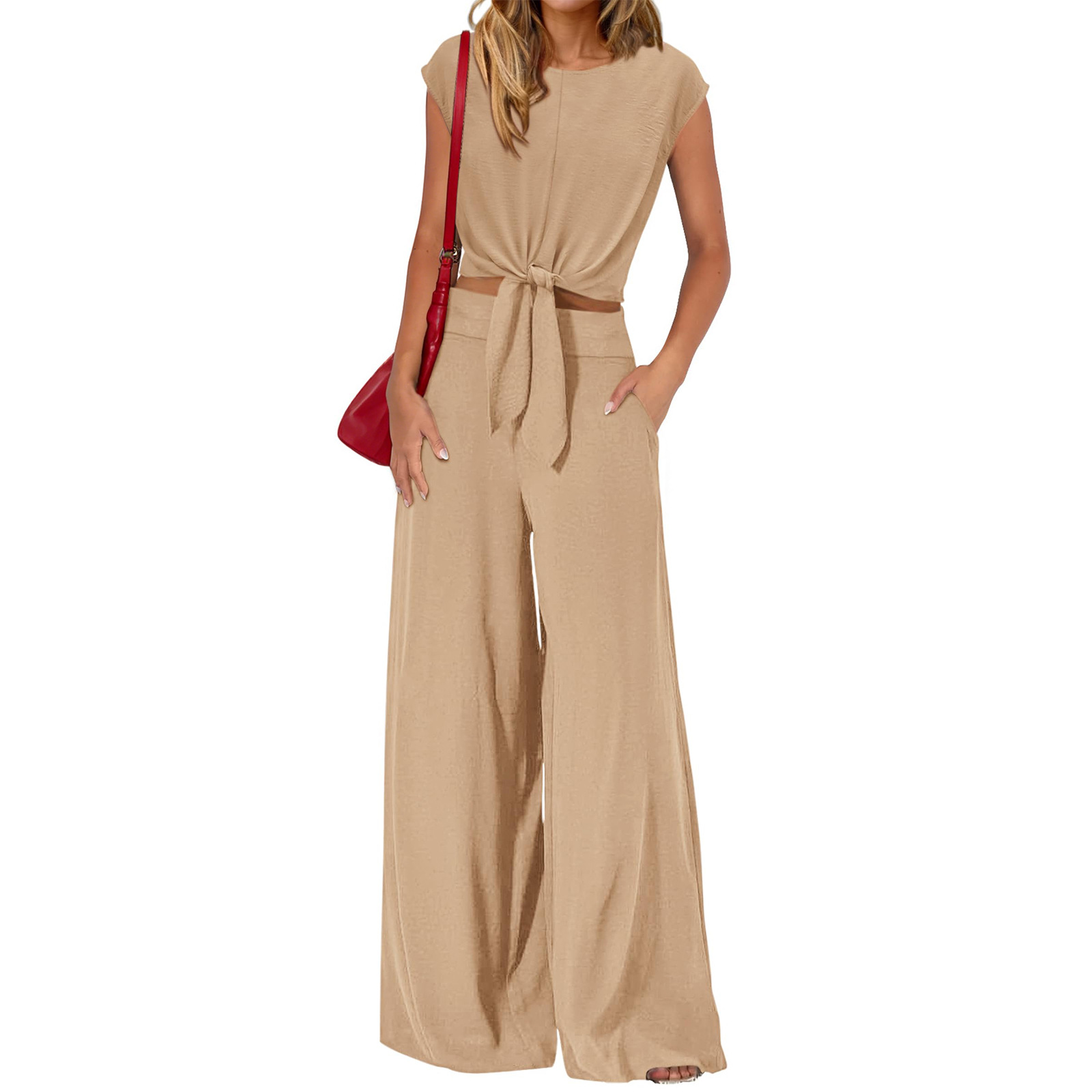 👗 Damen V-Ausschnitt Top mit Knoten vorne & weite Leinenhose im Set – atmungsaktiv, schmeichelhafte Passform & vielseitiger Stil ✨