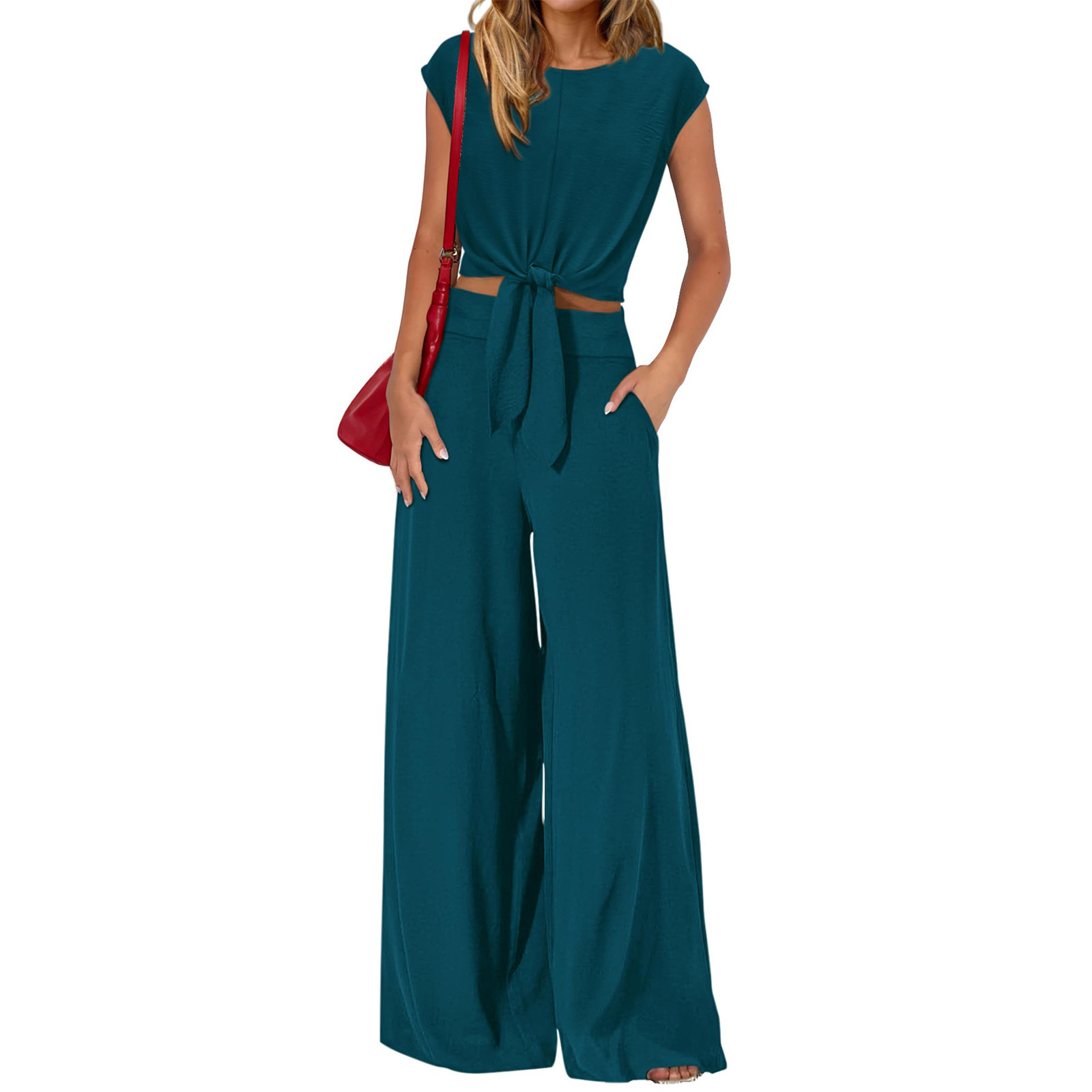👗 Damen V-Ausschnitt Top mit Knoten vorne & weite Leinenhose im Set – atmungsaktiv, schmeichelhafte Passform & vielseitiger Stil ✨