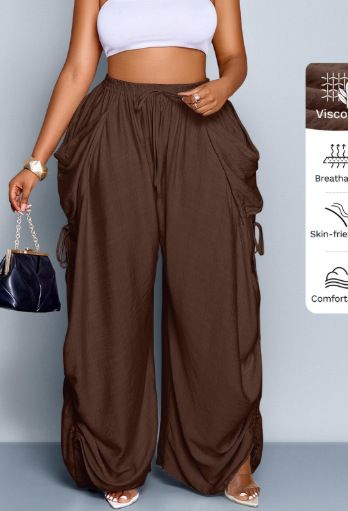 Hochtaillierte Damenhose mit Kordelzug, weites Bein, einfarbig – für Alltag & Sommer