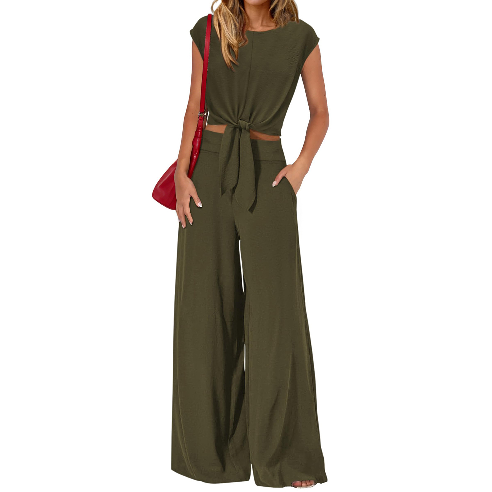 👗 Damen V-Ausschnitt Top mit Knoten vorne & weite Leinenhose im Set – atmungsaktiv, schmeichelhafte Passform & vielseitiger Stil ✨